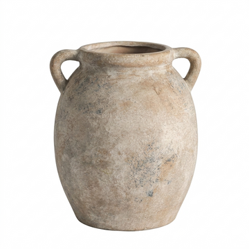 Hand-finished whitewashed terracotta floral vase with a rustic distressed finish and dual handles on a solid white background.