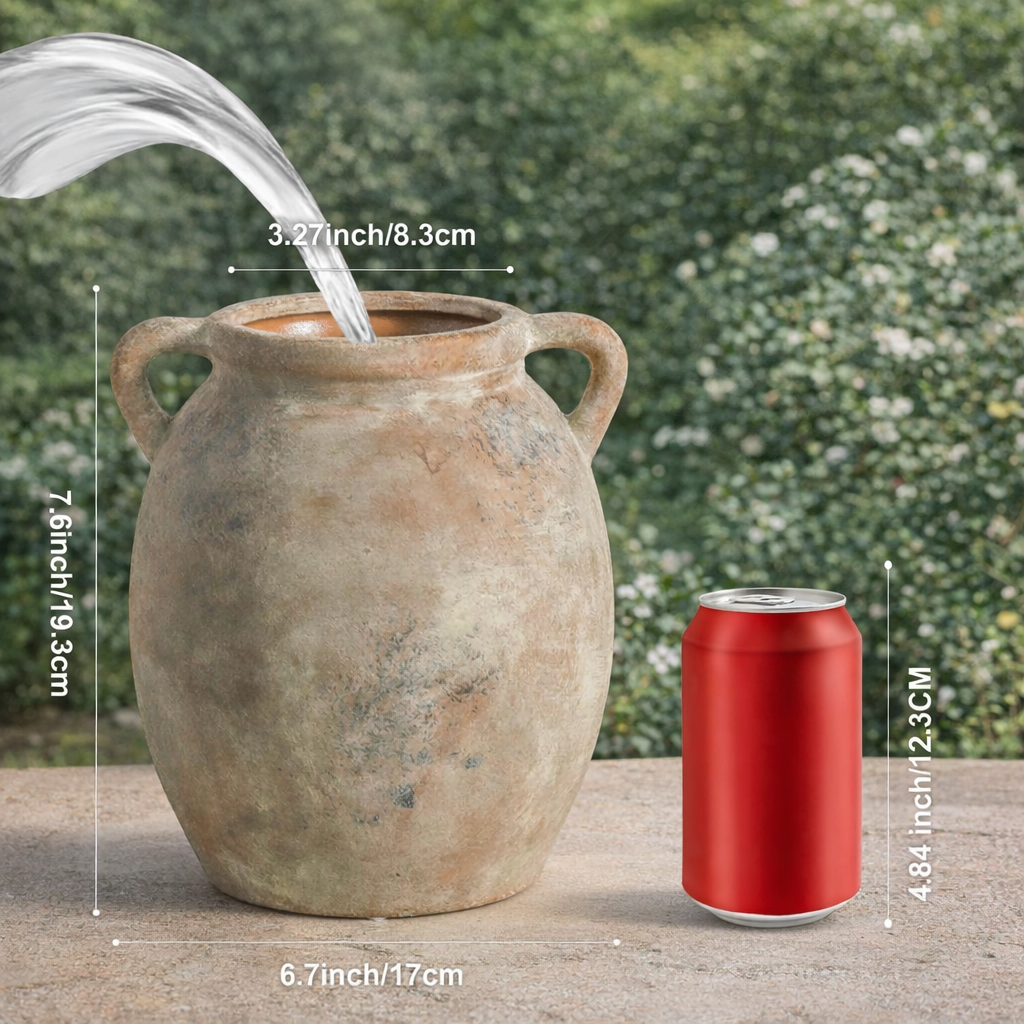 Hand-finished whitewashed terracotta floral vase with a rustic distressed finish and dual handles on a solid white background.