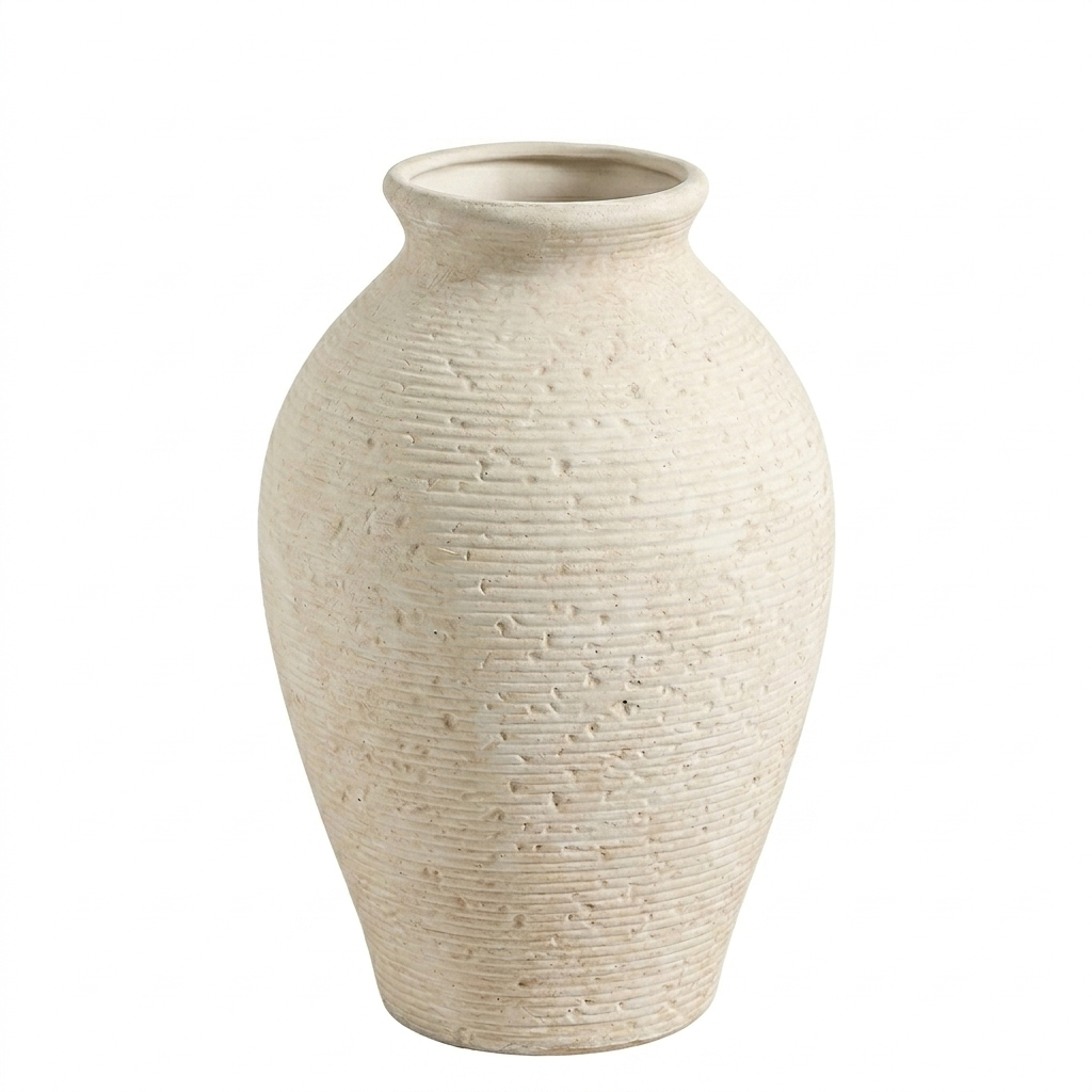 Close-up of a rustic ivory ceramic vase with a textured matte finish on a wooden table.
