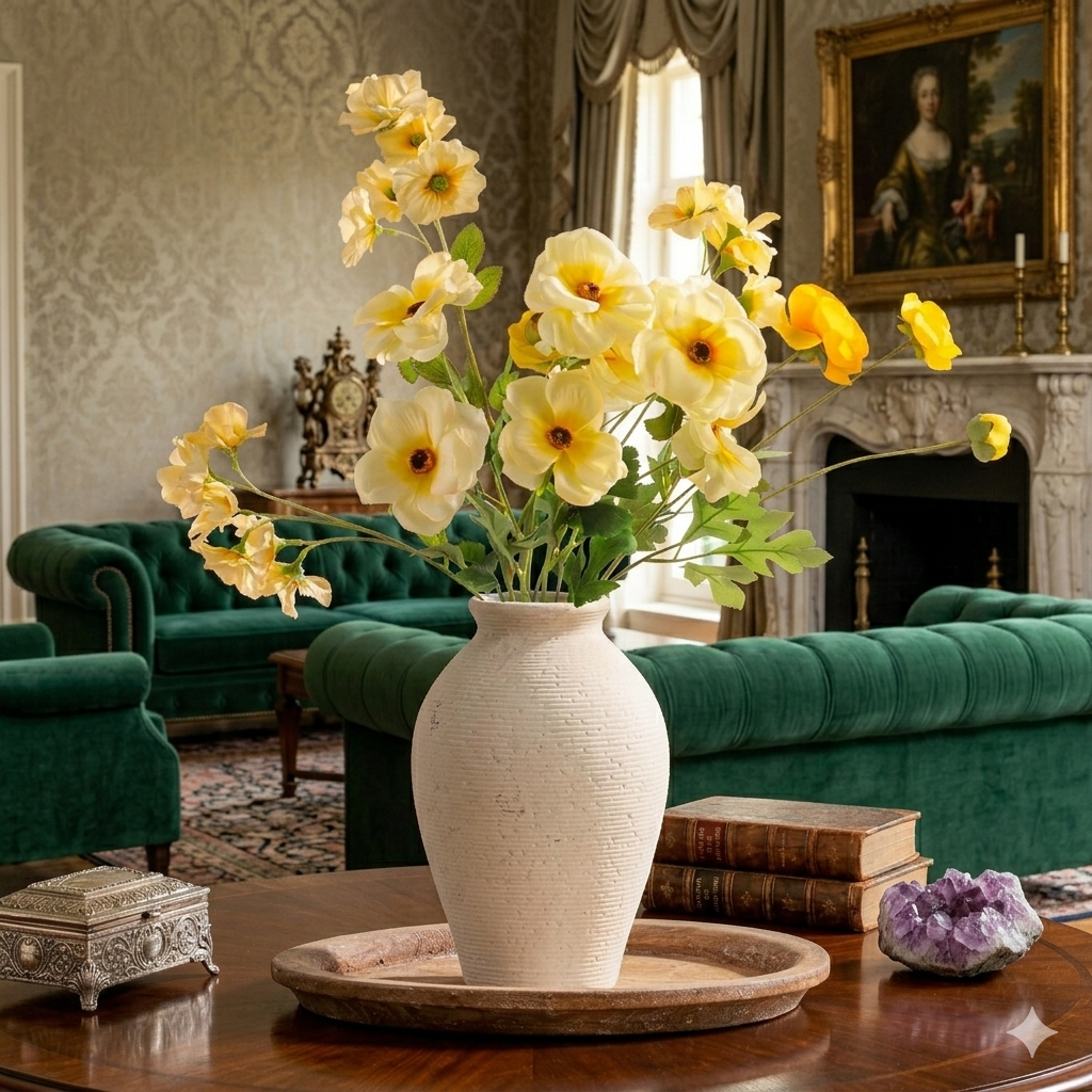 Close-up of a rustic ivory ceramic vase with a textured matte finish on a wooden table.