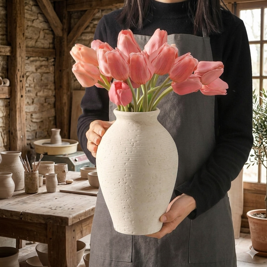 Close-up of a rustic ivory ceramic vase with a textured matte finish on a wooden table.