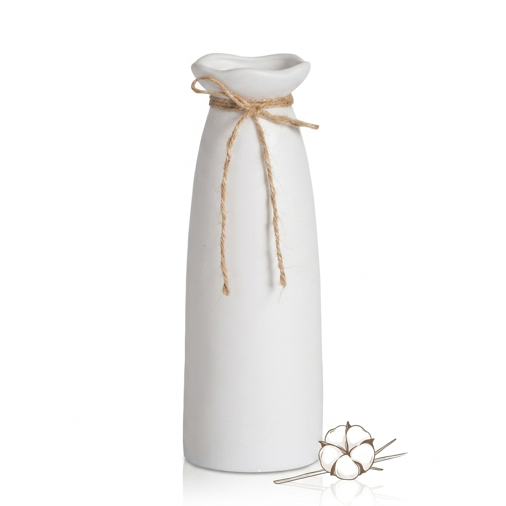 Minimalist matte white ceramic flower vase with decorative twine bow and cotton boll accent on a white background.