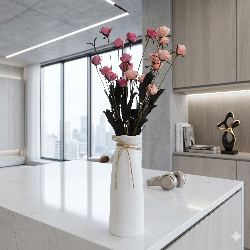Minimalist matte white ceramic flower vase with decorative twine bow and cotton boll accent on a white background.