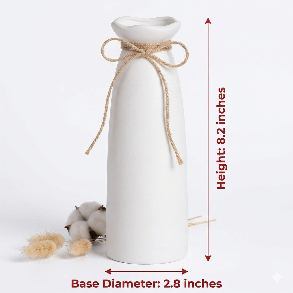 Minimalist matte white ceramic flower vase with decorative twine bow and cotton boll accent on a white background.